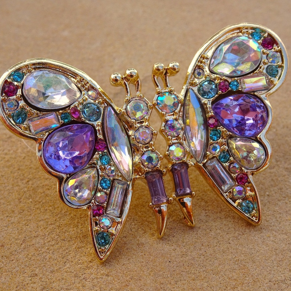Big Butterfly Iridescent Purple Rhinestone Jewel GoldTone Post Festival Earrings